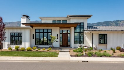 A contemporary farmhouse home with white siding, dark windows, and a covered porch stands elegantly on a sunny day.