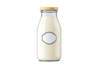 Glass milk bottle mockup isolated a white background simple design with blank label area perfect for dairy branding packaging presentations and advertising campaigns