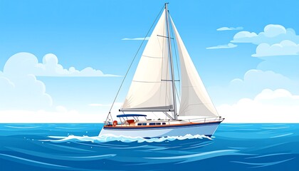 Fototapeta premium A sailing yacht glides across calm ocean waters under a vibrant blue sky filled with fluffy white clouds.
