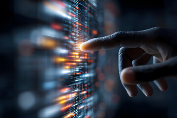 Finger Touching a Digital Screen with a Futuristic Data Stream Interface