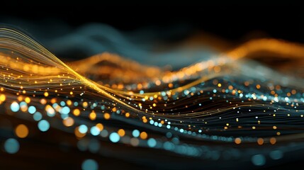 Dynamic network data flow visualization with stunning blue and gold light trails for modern technology and innovative solutions