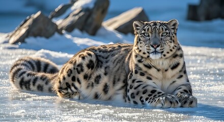 Obraz premium A majestic snow leopard rests on a snow-covered ground, its thick fur and spotted coat blending with the wintry landscape.