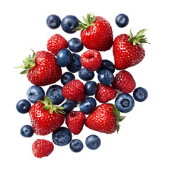 Obraz premium Fresh strawberries blueberries raspberries styled together for raw fruit ingredient mockup on white background antioxidant food design