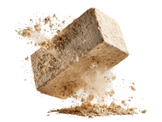 A light brown rectangular block, seemingly of a granular or textured material, explodes into a cloud of the same material