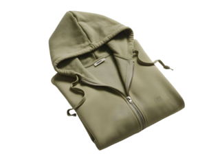 Folded hoodie with zipper partially open, placed on white background.