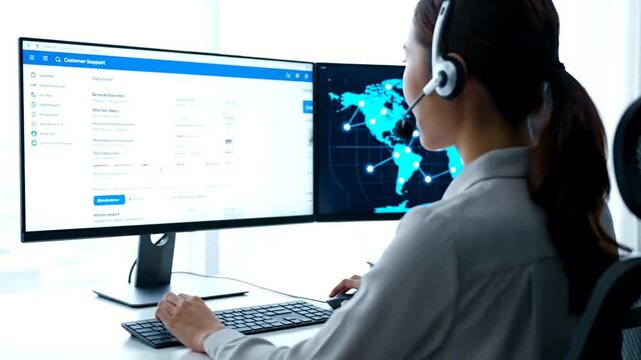Female call center operator with a headset working on a dual-screen computer displaying a world map. - Powered by Adobe