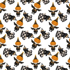 Seamless Halloween pattern, spooky background with pumpkins, and cats, cute scary design for fabric, decor, wallpaper