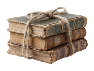 Stack of aged books bound with twine
