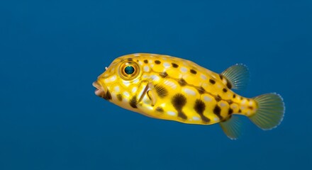 Vibrant yellow spotted boxfish swimming gracefully in clear blue tropical waters