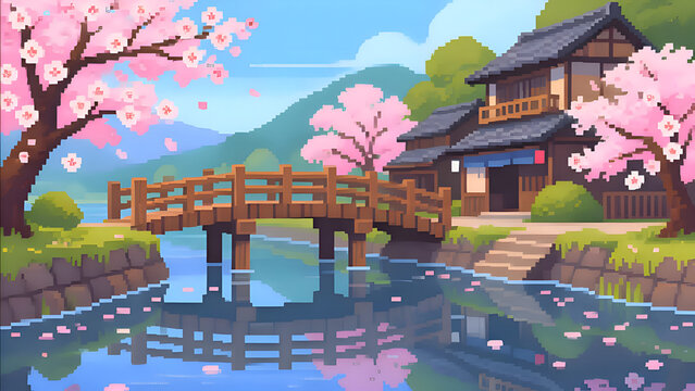Pixel art Japanese riverside village with wooden bridge, cherry blossoms and water reflections