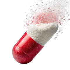 Red capsule with white powder erupting