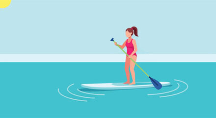Fototapeta premium Cartoon illustration of a woman on a stand up paddleboard.