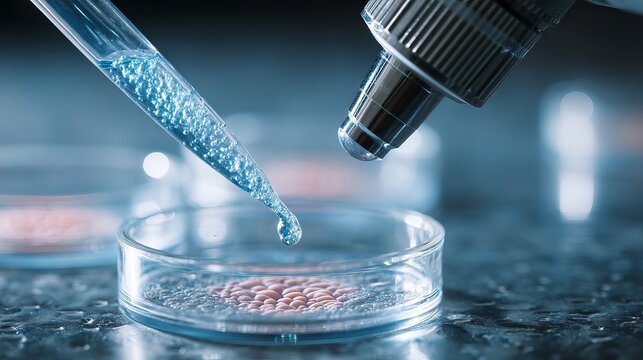 Scientific droplet falling into petri dish for biology research, promising medical breakthrough and advanced vaccine development in laboratory