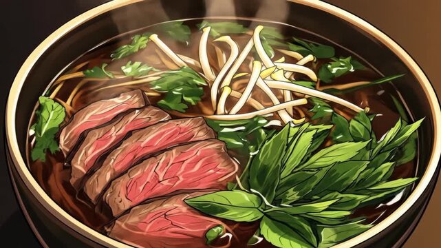 Illustration of delicious soup bowl with meat, noodles and greens.