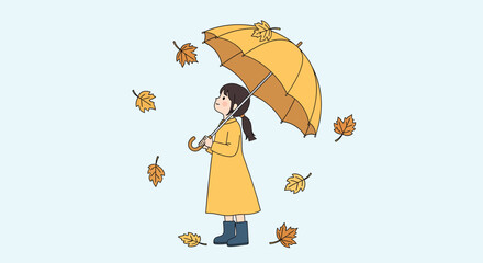 Cute illustrated girl in a yellow raincoat holding an umbrella.