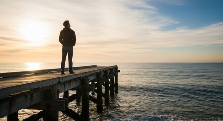 Fototapeta premium Illustration of a lone figure stands on a weathered pier, gazing out at the tranquil ocean at sunset
