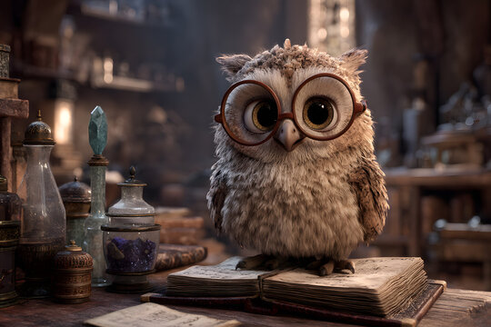 Cute baby owl with glass on a magic book in a fantasy library
