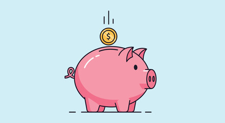 Pink piggy bank saving a gold dollar coin cartoon illustration.