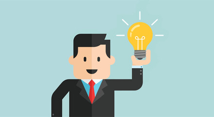 Smiling Businessman in a Suit Holding a Bright Idea Lightbulb.