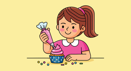 Smiling cartoon girl decorating a cupcake with pink frosting.