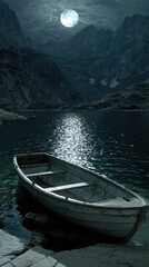 A serene lake scene under a brilliant moonlight, showcasing a weathered rowboat moored on the shore.