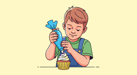 Young boy carefully decorating a delicious cupcake with frosting.