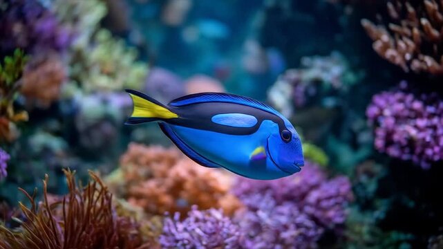 Vibrant blue fish swims amidst a colorful coral reef.