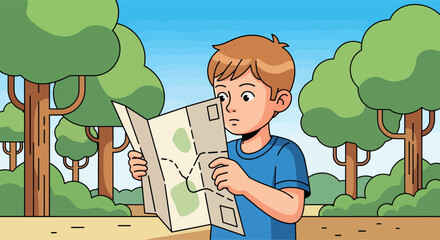 Young boy carefully studying a paper map outdoors.