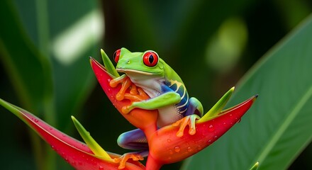 Red-eyed tree frog perched gracefully on a vibrant heliconia flower in the rainforest environment