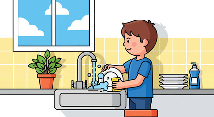Young boy diligently washing a plate in the kitchen sink.
