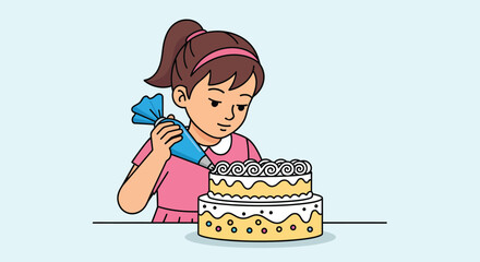 Young girl carefully decorating a two tiered cake with frosting.