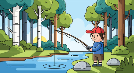 Young Cartoon Boy in a Red Cap Enjoying Fishing.