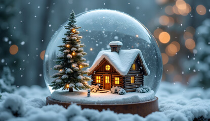 Christmas Snow Globe with Wooden Cabin