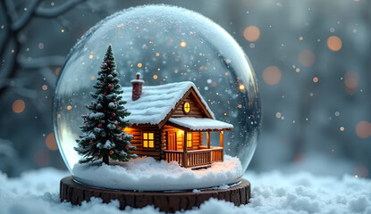 Christmas Snow Globe with Wooden Cabin