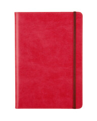 Red notebook, closed, studio shot, white background, stationery