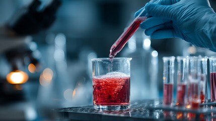 Scientist carefully conducts experiment, dropping liquid from pipette into beaker filled with red solution in modern laboratory setting.