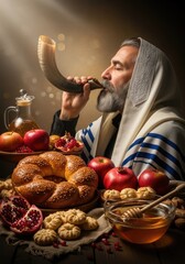 Bearded man blowing curved shofar horn for Jewish New Year Rosh Hashanah. Traditional festive table with round challah, red apples, sweet honey, pomegranates for holiday blessings.
