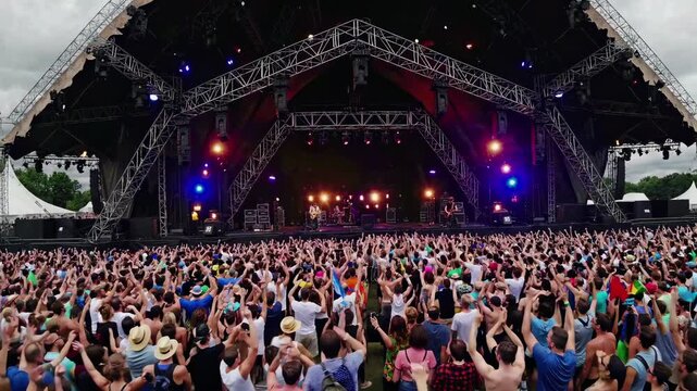 Wide-angle shot of a vibrant outdoor concert, capturing a lively crowd and dynamic stage lighting, perfect for a festival video backdrop.
