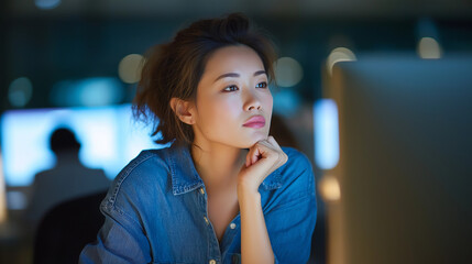 Obraz premium Young Asian female manager concentrating on screen, startup office background, business casual