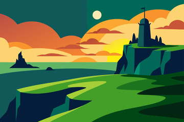 Naklejka premium Castle architecture silhouette at sunset with an orange sky, clouds, and nature landscape