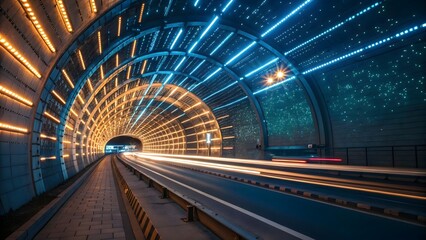 Futuristic Tunnel with Neon Lights and Speed Motion Light Trails at Night