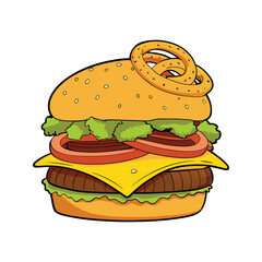 Delicious cheeseburger with crispy onion rings and melted cheddar cheese