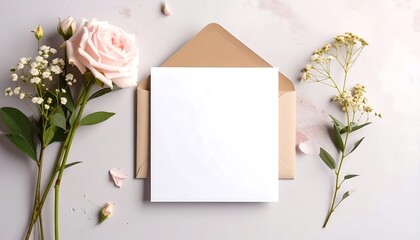 A delicate arrangement of pastel pink roses, soft cream flowers, and a blank invitation card on a light grey marble surface.