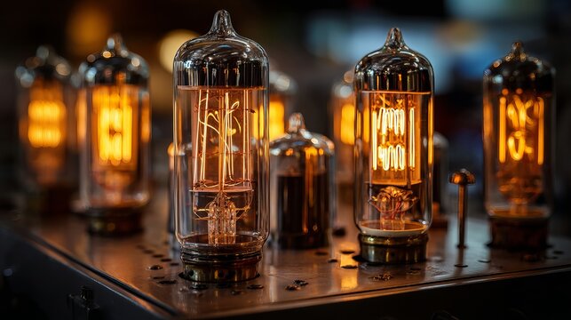 Vintage glowing vacuum tubes illuminate a dark, retro-futuristic technology scene, evoking nostalgia and innovation