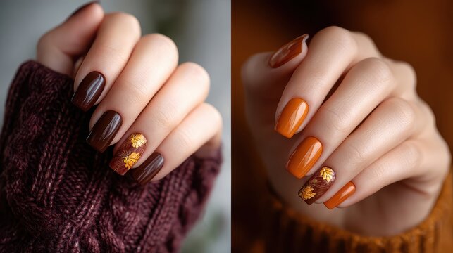 Autumn-inspired nail art with brown and orange tones