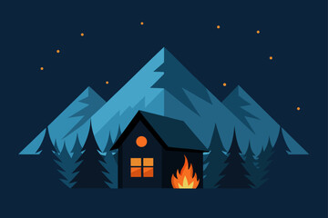 Fototapeta premium Haunted house in a dark winter landscape with a full moon and stars in the sky