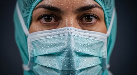 Close-up of a healthcare worker's face, wearing a surgical mask and cap, with sweat droplets visible on the mask and forehead, conveying the intensity and dedication of medical professionals.