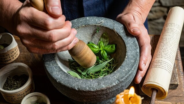 Close-up of herbalist's hands grinding fresh herbs like basil and sage in a stone mortar and pestle with an ancient scroll by candlelight.
- Powered by Adobe