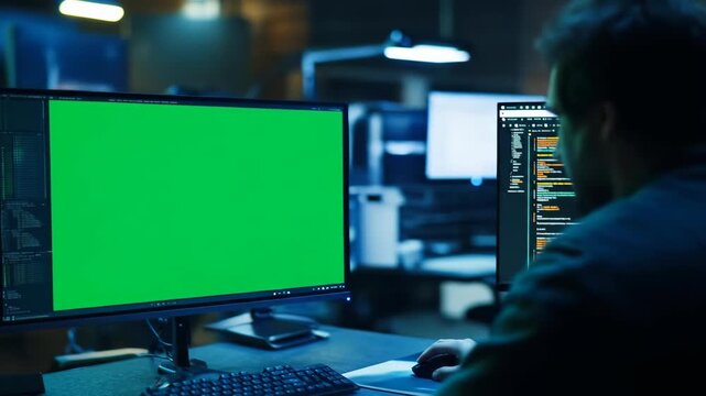 Person working at computer with green screen in dark office space.