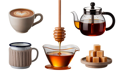 Hot drinks and sweet treats set with tea, coffee, honey and sugar, ideal for cozy winter and Christmas compositions.